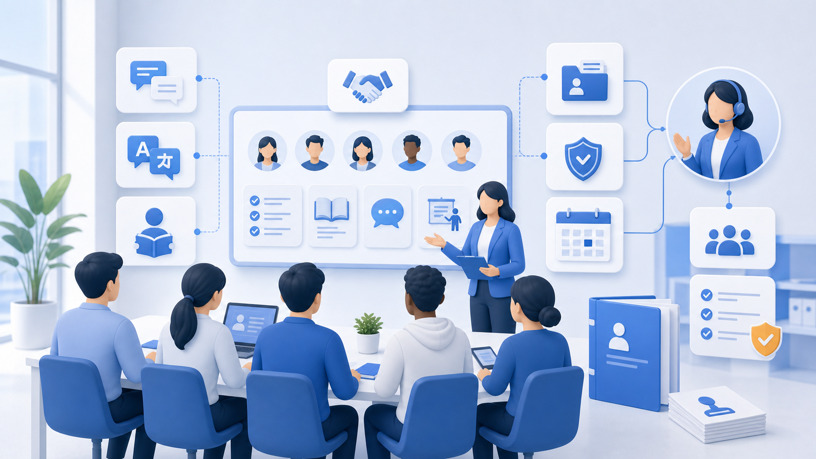 外国人社員向け研修、多言語ガイド、雇用契約・社会保険の確認を整理するイメージ